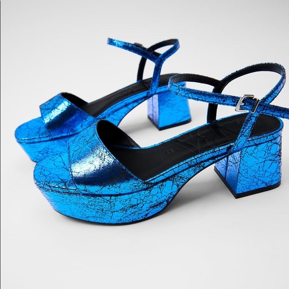 Zara blue metallic platform heeled sandals